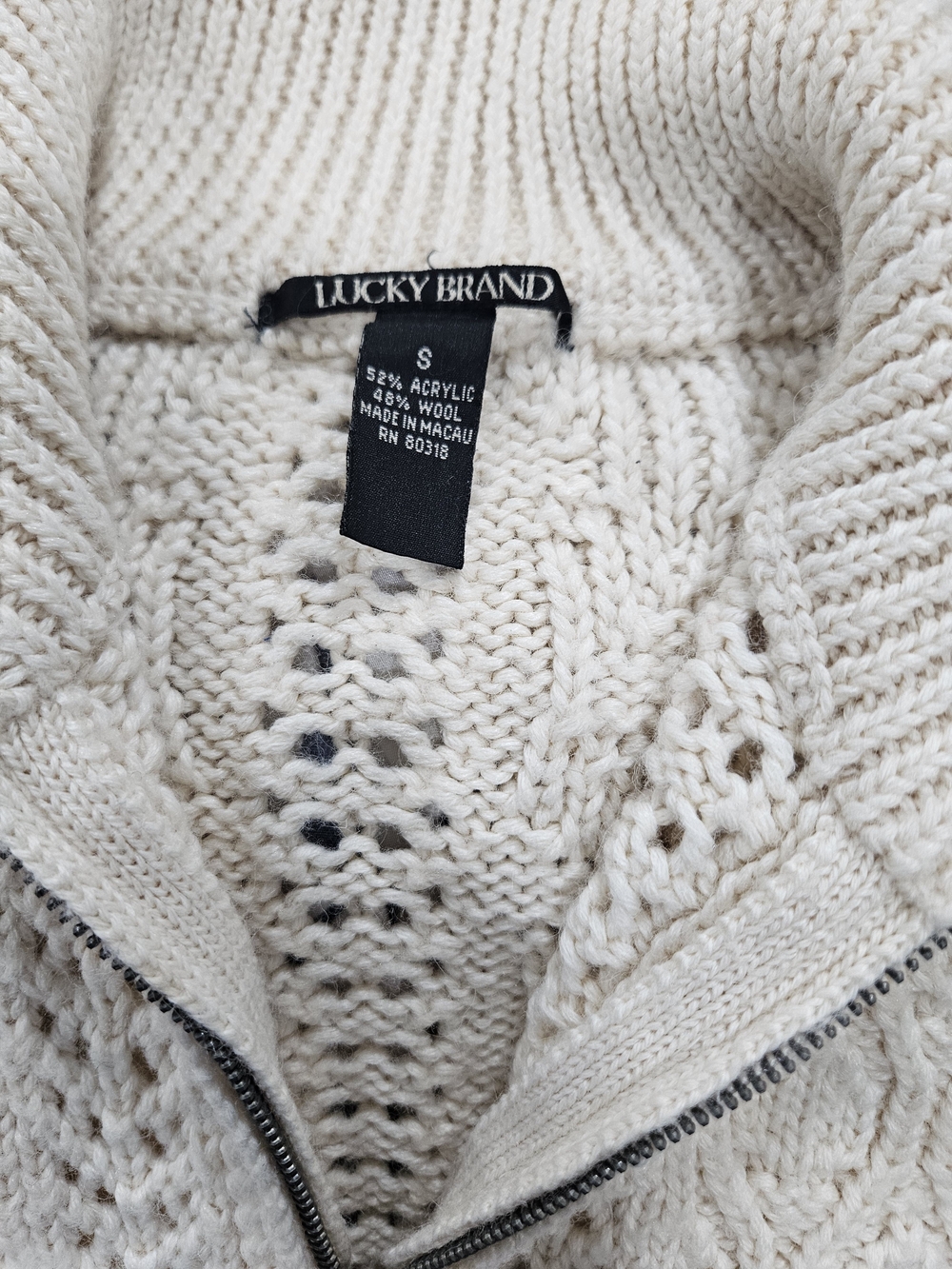 Lucky Brand Cream Knit Zip Cardigan with Cable Detail